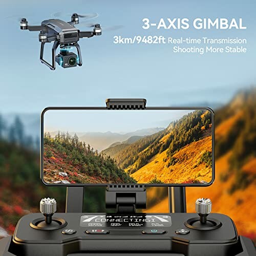 Drone controller displaying mountain view with 3-axis gimbal drone in the sky.