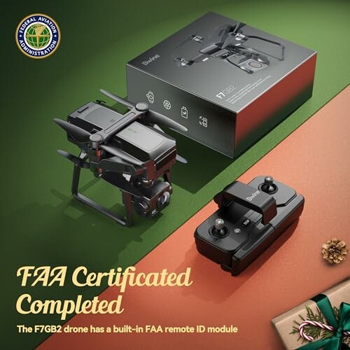 Drone and remote control with FAA certification label.